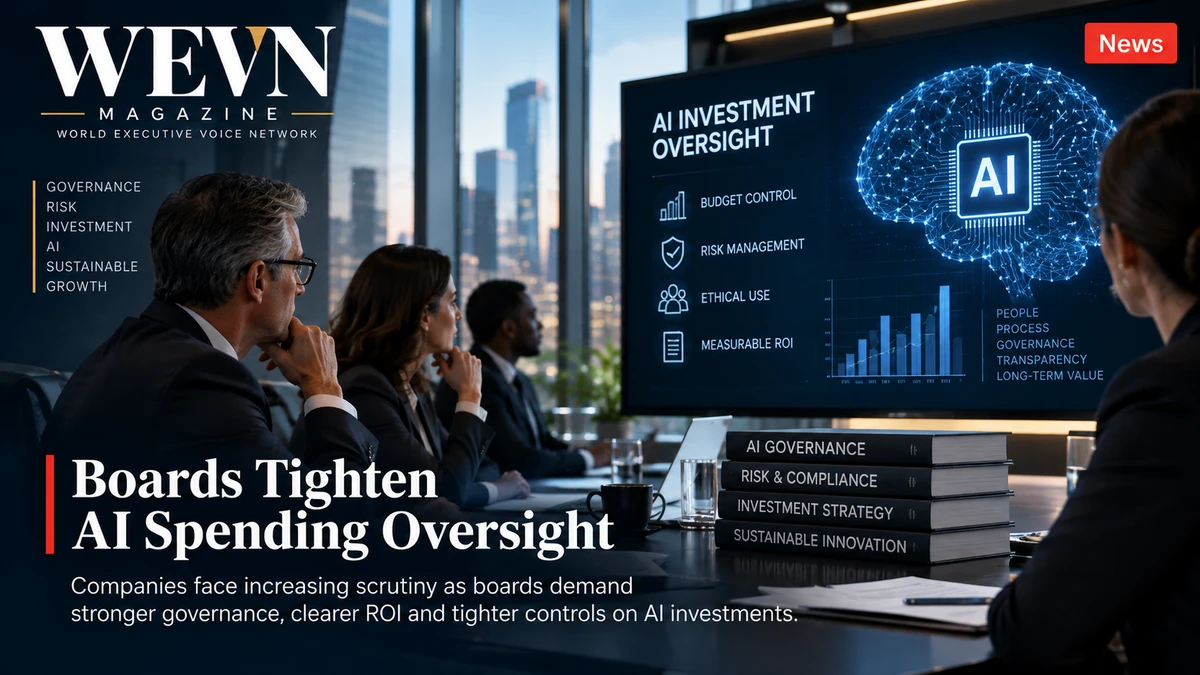 WEVN technology news cover on board oversight of AI spending